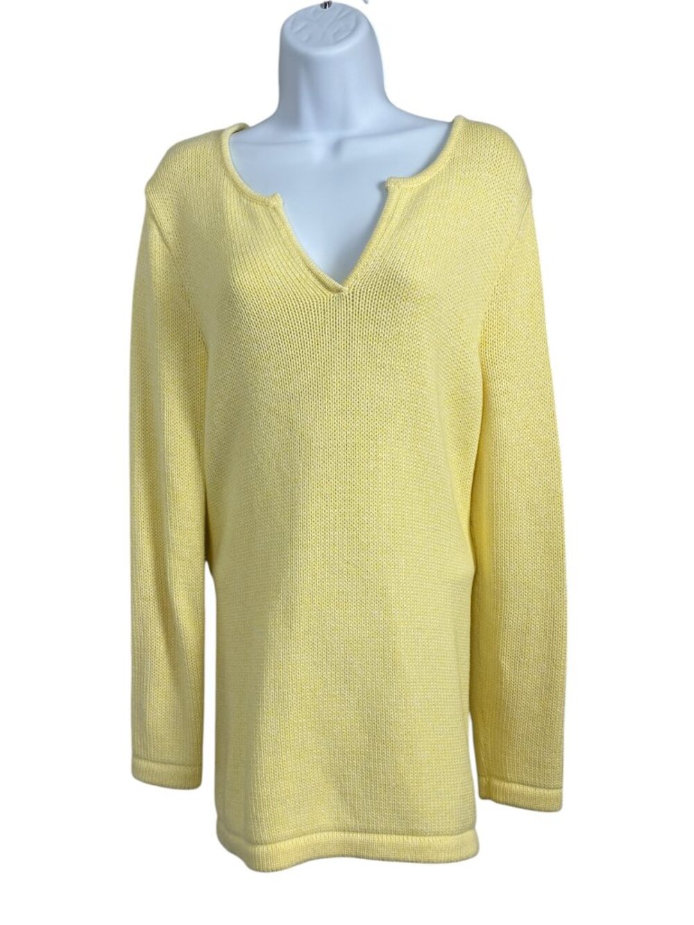 L.L.Bean Yellow Cotton Knit Sweater XL Notch Neck Pullover Coastal Cozy